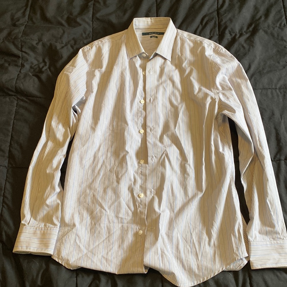 mens dress shirt blue, grey, white stripes
